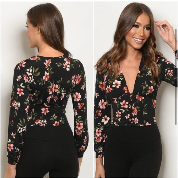 LAST ONE: Women’s sexy v neck long sleeve fall floral pretty cropped blouse top - Picture 2 of 2
